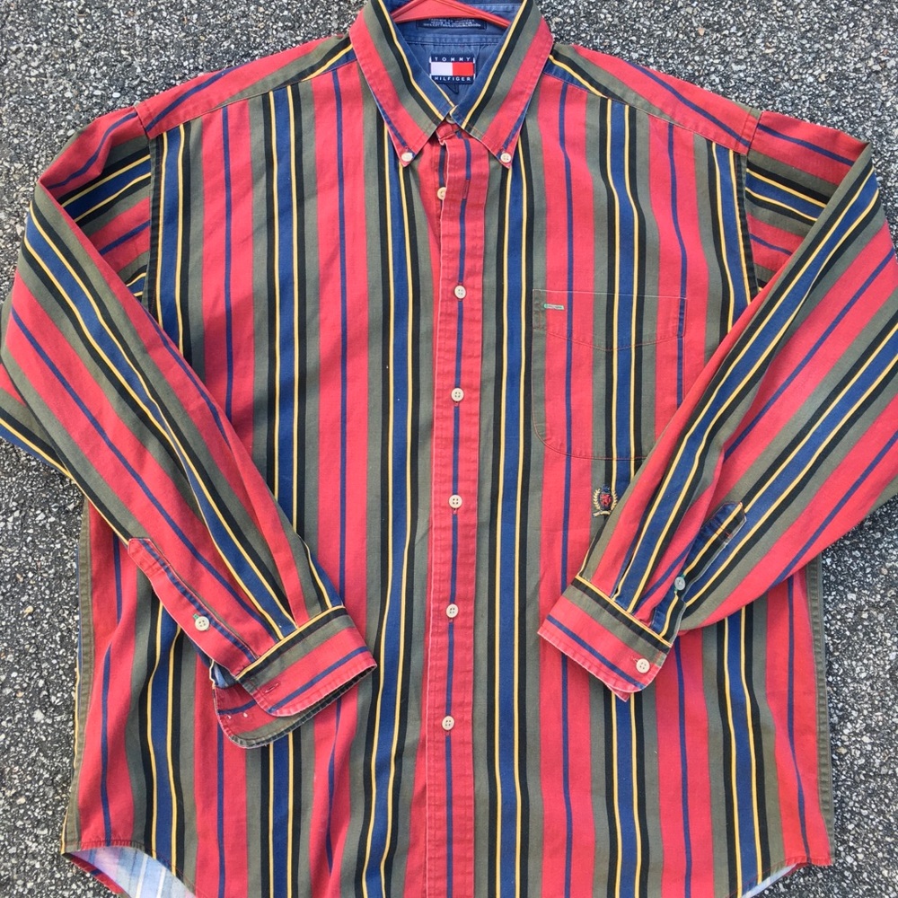 Vtg 90s TommyHilfiger StripeColorblock CollarShirt